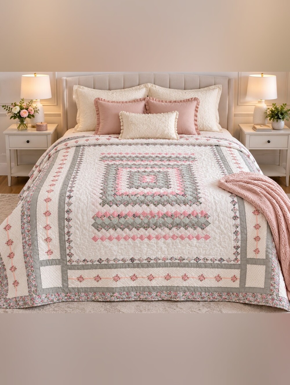 Floral handmade Patchwork Quilt - Pink & Cream